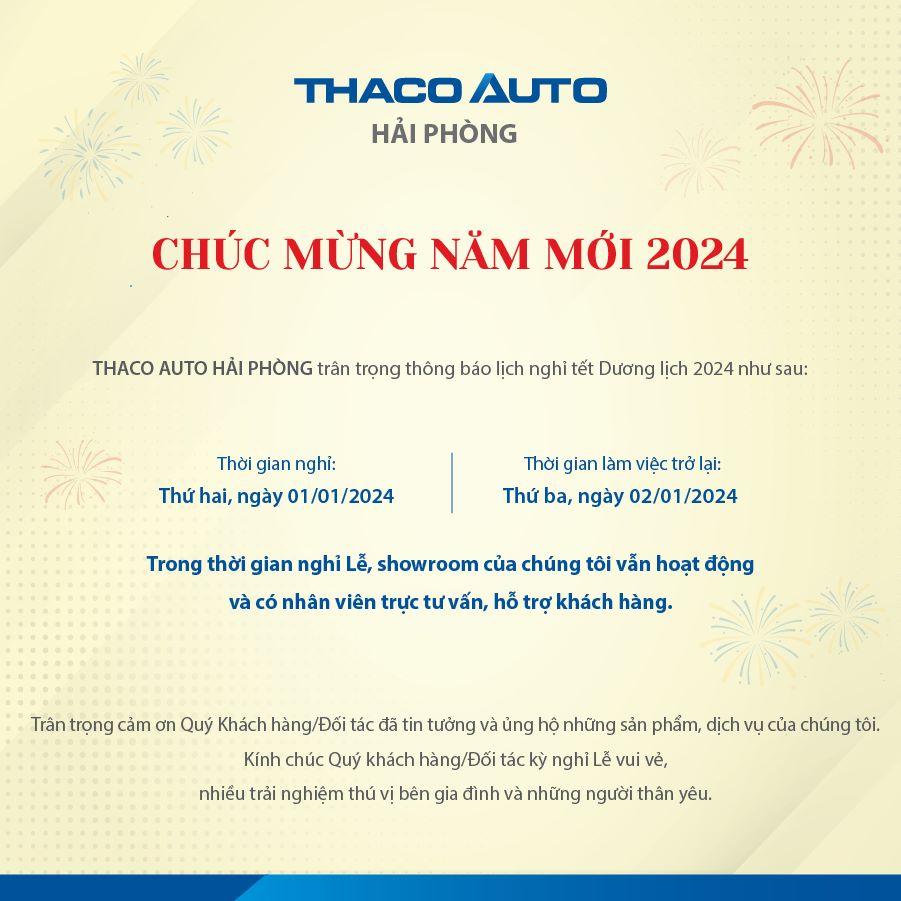 THACO AUTO HẢI PHÒNG THÔNG BÁO LỊCH TRỰC TẾT DƯƠNG LỊCH 2024