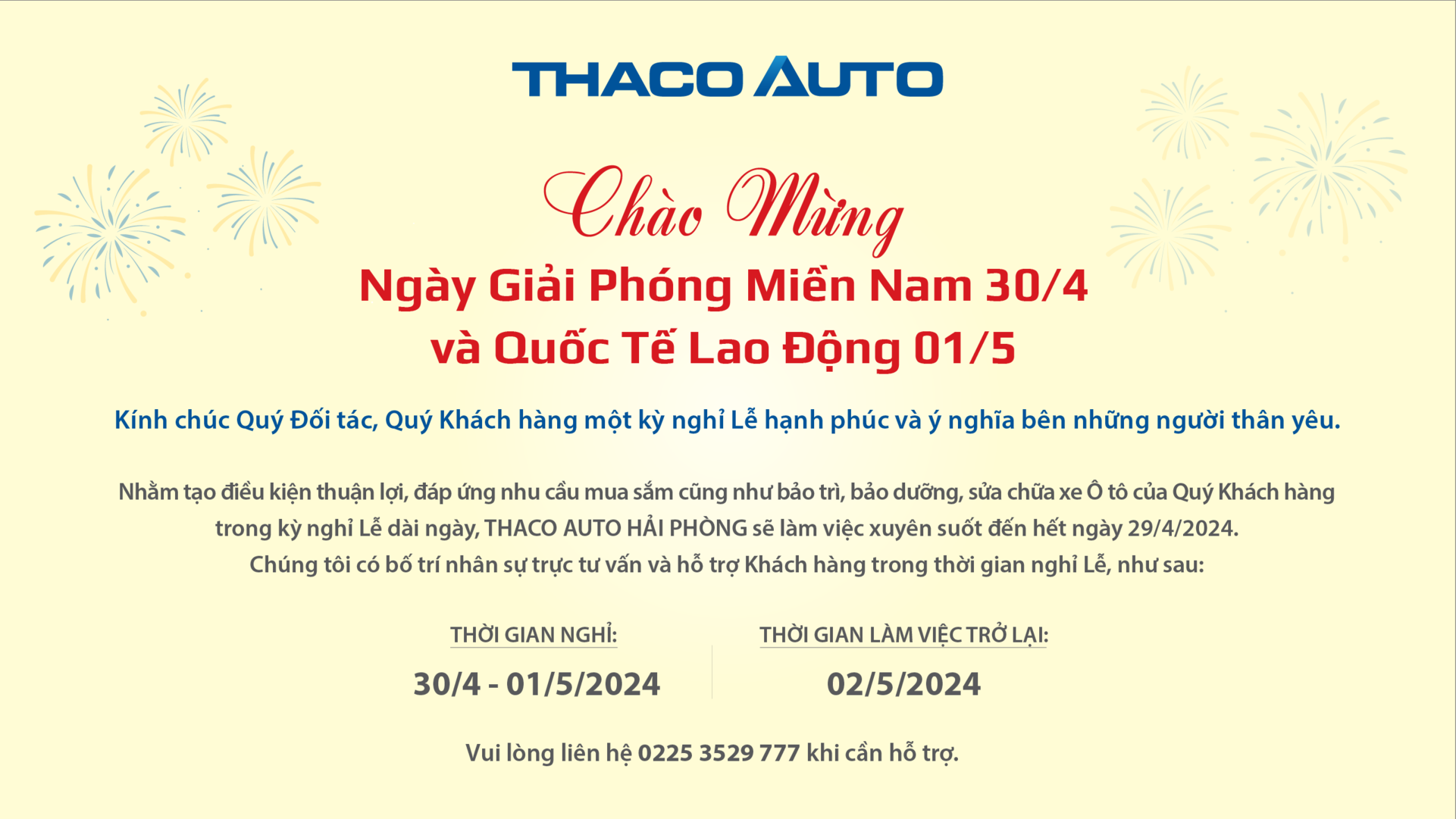 THÔNG BÁO LỊCH LÀM VIỆC VÀ NGHỈ LỄ GIẢI PHÓNG MIỀN NAM 30/4, QUỐC TẾ LAO ĐỘNG 01/5