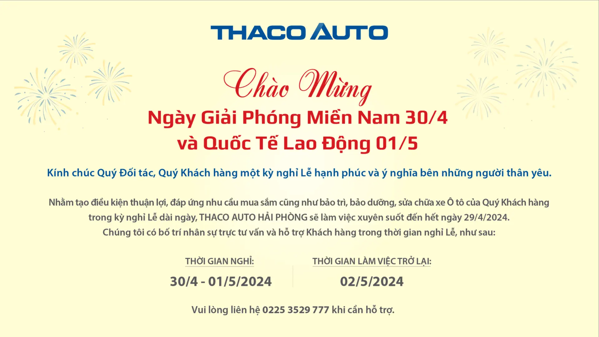 THÔNG BÁO LỊCH LÀM VIỆC VÀ NGHỈ LỄ GIẢI PHÓNG MIỀN NAM 30/4, QUỐC TẾ LAO ĐỘNG 01/5